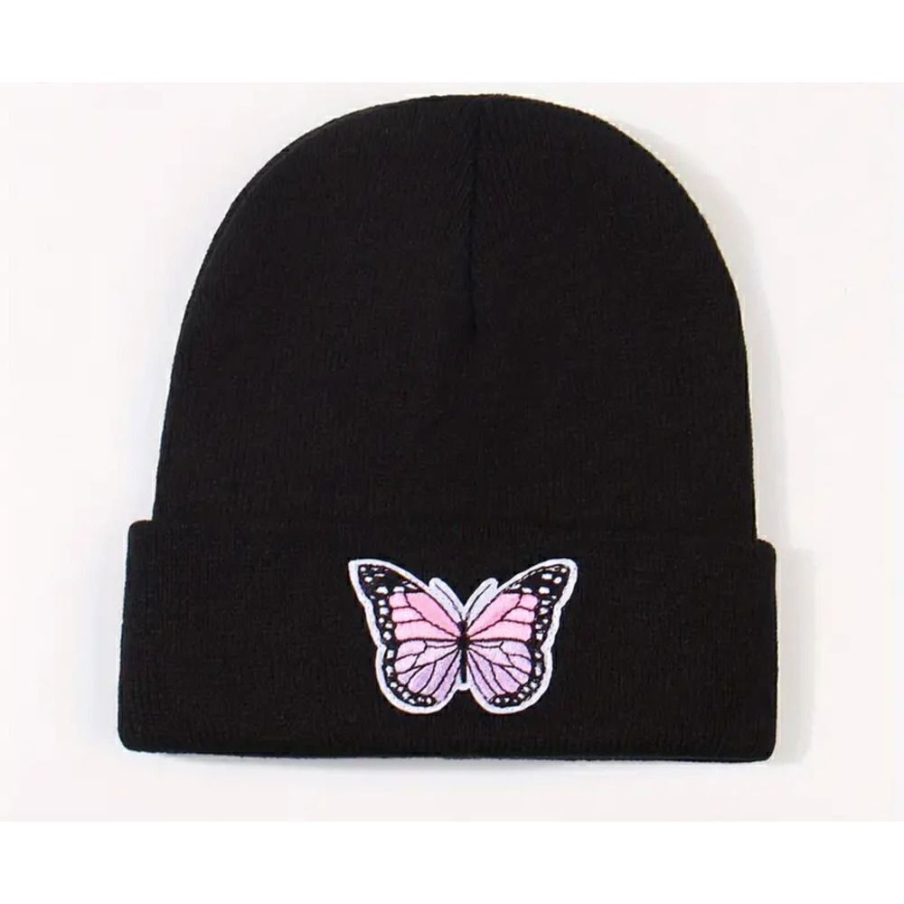 New!  Black Pink and Purple Butterfly Beanie Stocking Cap Hat